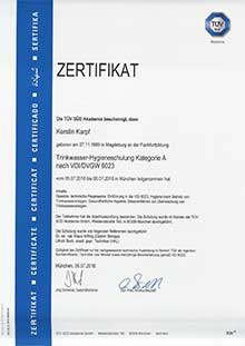 Zertifikat bestandene Abschlussprüfung Trinkwasserhygiene Schulung Kategorie A nach VDI/DVGW 6023